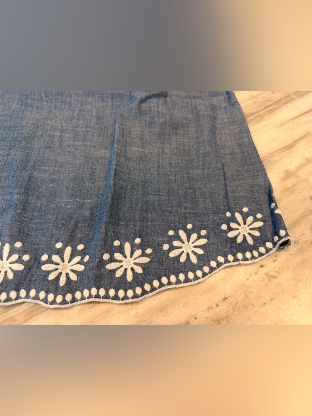 J. Crew Sleeveless Chambray Top with White Floral Embroidery and Ruffle Neck - Picture 5 of 7